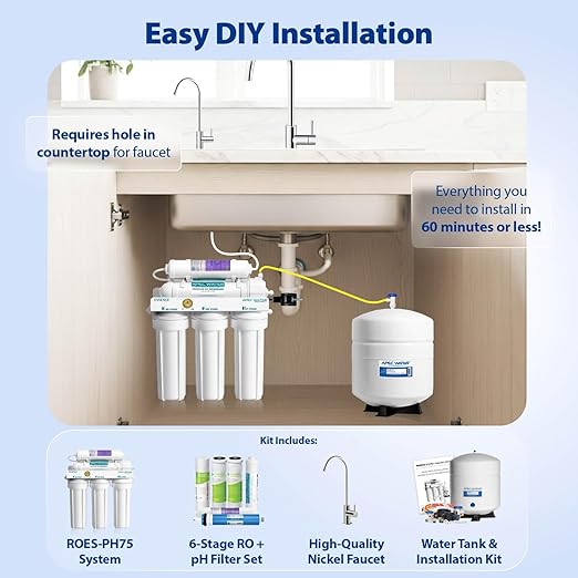 APEC Water Reverse Osmosis Water Filter, Alkaline 6-Stage RO System, WQA Certified to Remove 1K+ Impurities, pH+ Remineralization for Natural Spring Taste, Under Sink Filter 75 GPD