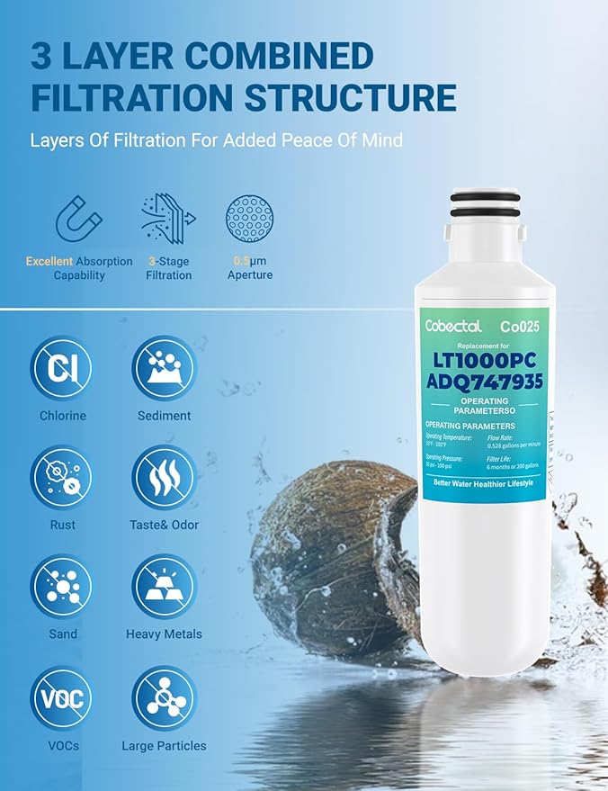 ADQ747935 Water Filter Replacement for LG LT1000P/PC/PCS ADQ74793501 ADQ74793502 MDJ64844601 LMXS28626S LRFLC2706S LFXS26973S LT-1000PC LFXC22526S LHFS28XBS LHFS28XBS Water Filter | 4pack | Cobectal
