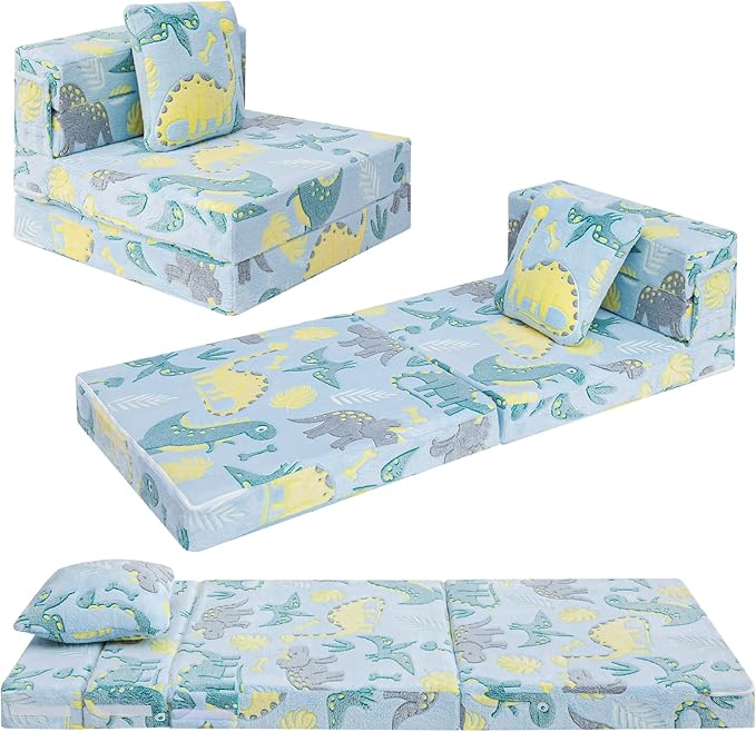 MeMoreCool Glow Dinosaur Tri-fold Sofa Bed for Kids, Foldable Futon Mattress and Chair, Convertible Floor Couch for Playroom