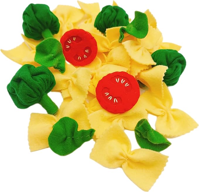 Pasta with broccoli, farfalle, bow tie pasta, felt play food for kids kitchen, pretend play for kids (beige, set 2 (farfalle, broccoli, tomatoes, basil))