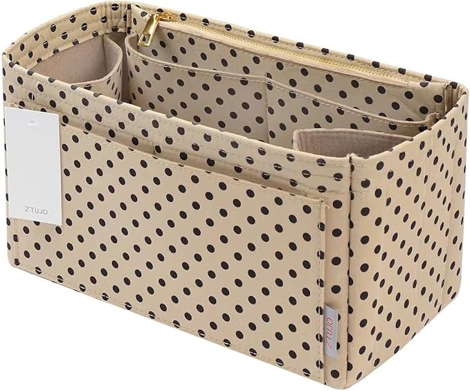 Purse Organizer Insert For Handbags, Silky Touching Bag Organizer Insert With Bottle Holder, Perfect for Speedy, Neverfull, Tote,ONTHEGO ,Artsy,Handbag and More (Slender Large,Brown polk dots Beige)