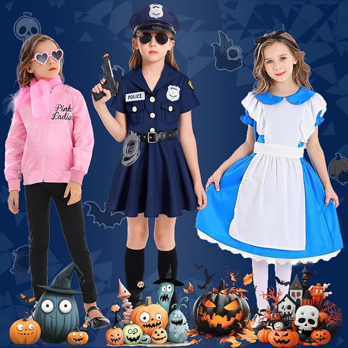 Halloween Police Officer Costume Dress Girls Kids Cop Thief Cosplay Outfits with 9 Pcs Accessories