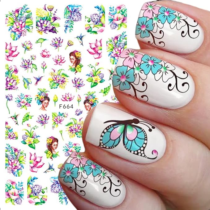 Flowers 3D Nail Decals Art Design - Holographic Peach Plum Blossom Lotus - Self-Adhesive Sticker Decoration for Women Manicure Tips Acrylic DIY Nails Art Supplies