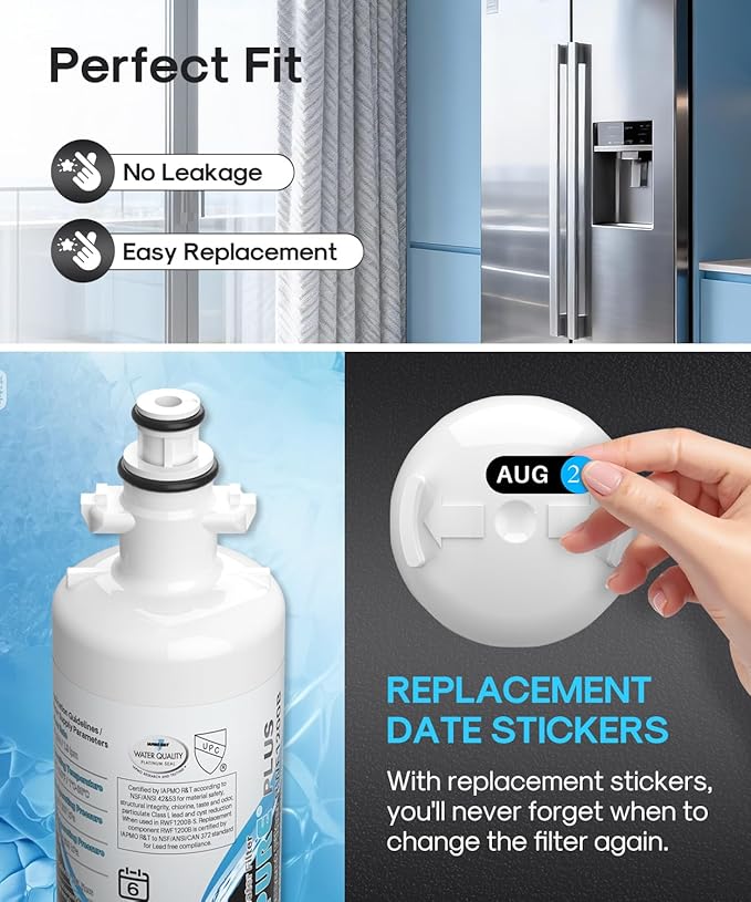 ICEPURE PLUS ADQ36006101 NSF/ANSI 53 & 42 Certified Refrigerator Water Filter, Remove Lead, Replacement for LG LT700P, Kenmore Elite 9690 469690 CLCH106 ADQ36006102 FML-3 and LT120F Air Filter, 2Combo