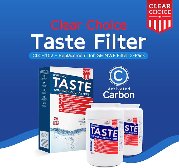 Clear Choice Taste Filter Replacement for GE MWF GWF Filter Compatible with WF287 EFF-6013A FMG-1 FMG1 Refrigerator Water Filter, NSF/ANSI 42, Box of 2, Made in the USA