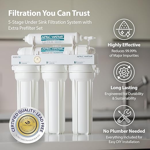 APEC Water 5-Stage Under Sink Reverse Osmosis Water Filter System with Extra High Capacity Pre-Filter Set, Essence Series, WQA Certified, 50 GPD, Removes 99.99% of Contaminants, Home Water Filtration