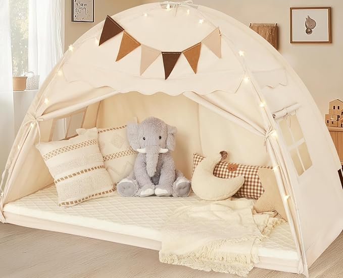 Twin Size Bed Tent Canopy, Kids Play Tent with Flags & Star Lights, Canopy on Bed Privacy Space Sleeping Blackout Tents, Indoor Breathable Portable & Foldable, Girls & Boys Gifts, Cream Castle Style