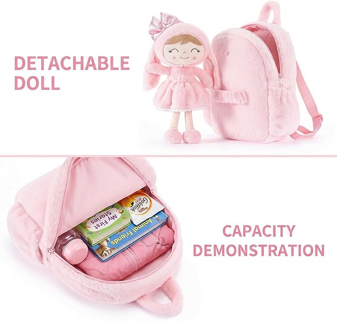 Gloveleya Toddler Backpack Plush Bag with Soft Pink Rabbit Doll Detachable Design 11inches Gift for Baby Girl 2+...