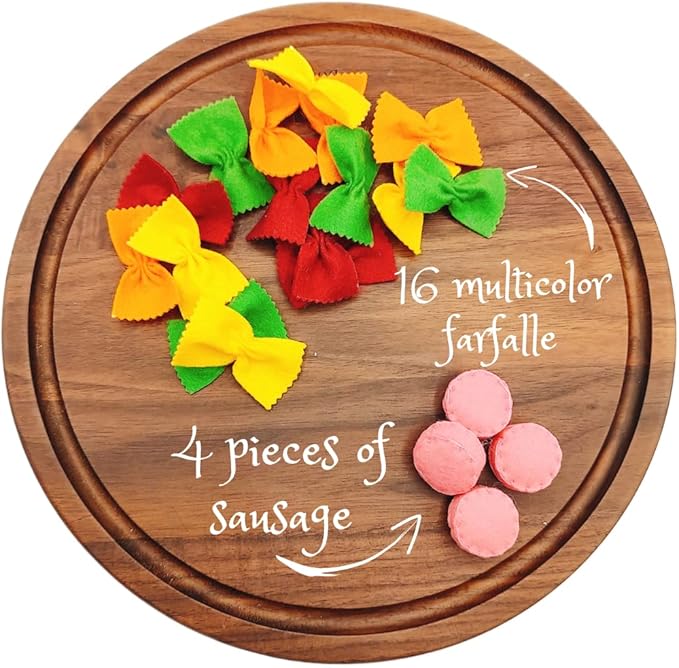 Felt play food Pasta farfalle with sausage for pretend play in kids kitchen, plush fake realistic bow tie (multi color farfalle, Small set (16 farfalle, 4 sausages))