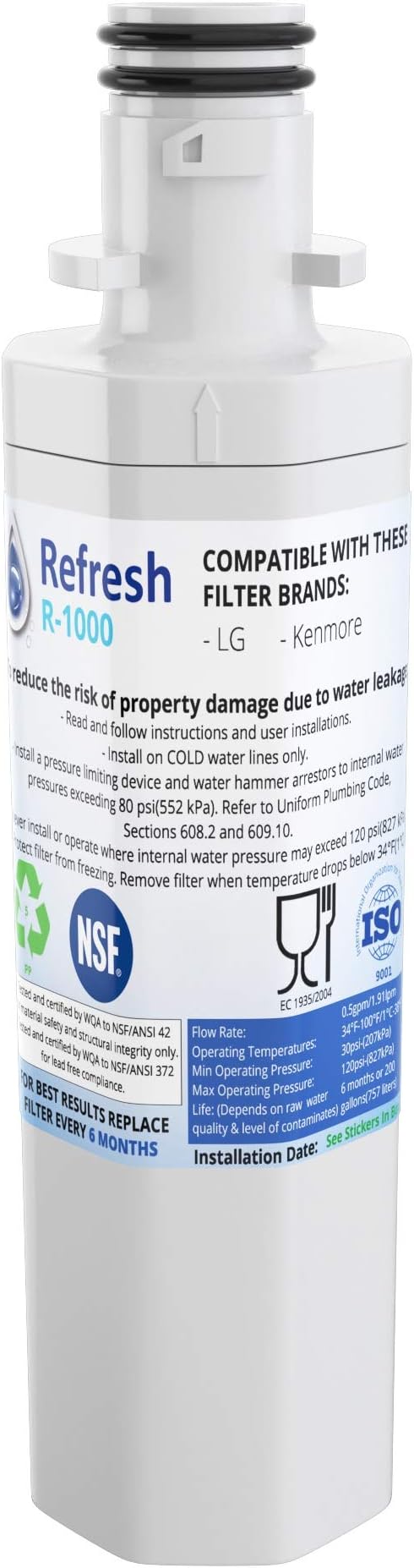 Refresh Replacement Refrigerator Water Filter for LG LT1000P, LT1000PC, LT1000PC, MDJ64844601, ADQ74793501, ADQ74793502 and Kenmore 46-9980, 9980