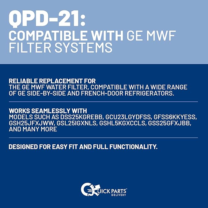 QPD-21 GE MWF Refrigerator Water Filter Replacement – Fits GE Side-by-Side Refrigerator Models DSS25KGREBB, GSH25JFXJWW & GFSS6KKYESS – 3-Pack Coconut Carbon Block Water Filters