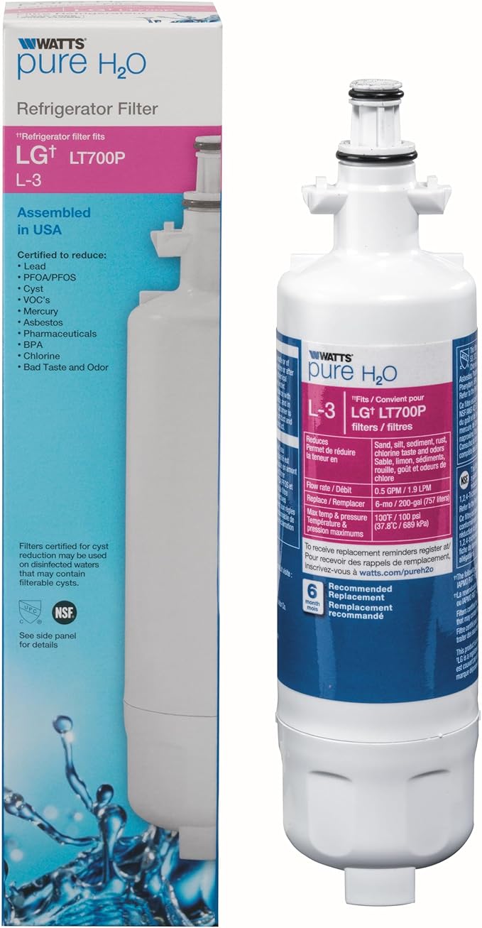 Watts L-3 LG Refrigerator Water Filter Replacement Cartridge, Compatible with LT1000P/ADQ73613401, 6-Month Life, Reduces Lead, Chlorine, Taste & Odor, NSF Certified