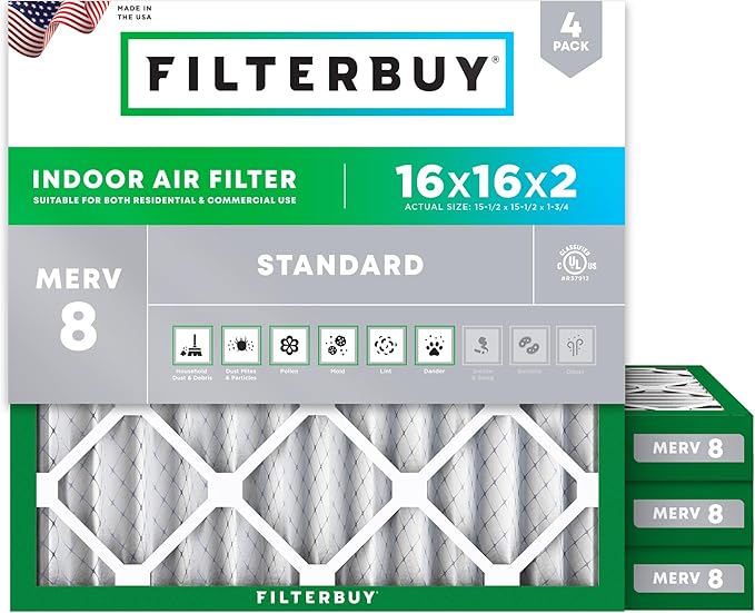 Filterbuy 16x16x2 Air Filter MERV 8 Essential Dust & Allergy Defense (4-Pack), Electrostatic Pleated HVAC AC Furnace Filters Replacement (Actual Size: 15.50 x 15.50 x 1.75)