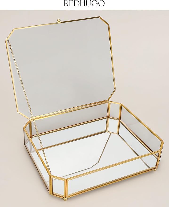 Large Glass Boxes for Display Handmade, Mirrored Bottom, Glass Jewelry Box with Lid, Trinket Box Book Photo Keepsake Organizer, Display Case for Vanity Decor Home Dresser, Octagon, Gold