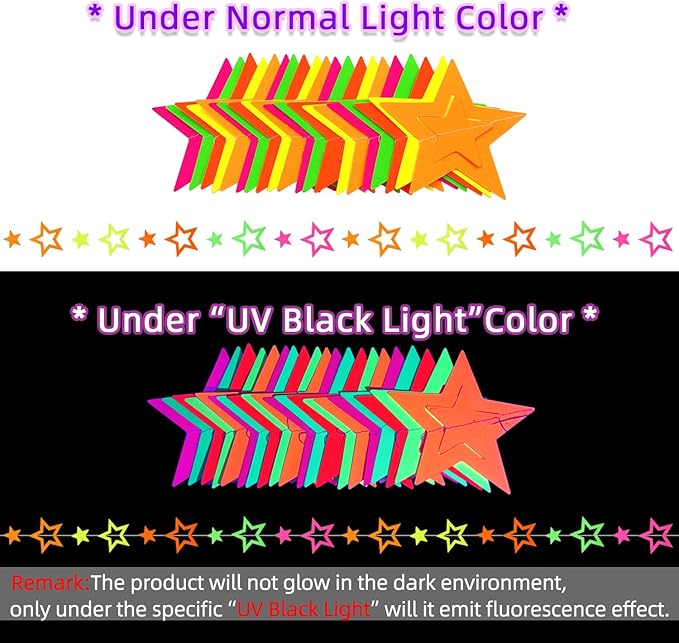 126feet UV Neon Streamers Glow Garland Hollowed Star Paper Hanging Ornaments Glow in The Dark Supplies and Decorations Blacklight Reactive Fluorescent Black Light Party Kit Wedding Birthday Streamers