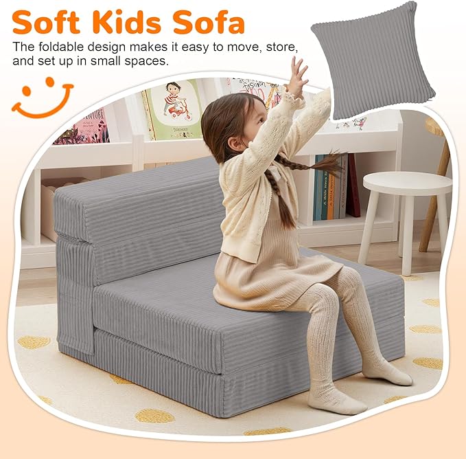MeMoreCool Folding Sofa for Kids, Corduroy Fold Out Futon Chair, Small Foldable Floor Mattress, Portable Children Couch Sofa, Light Grey