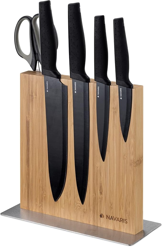Navaris Magnetic Knife Block - Kitchen Storage with Strong Magnets for Knives & Utensils - Simple Modern Magnet Utensil Holder in Bamboo - 8.9" x 8.7"