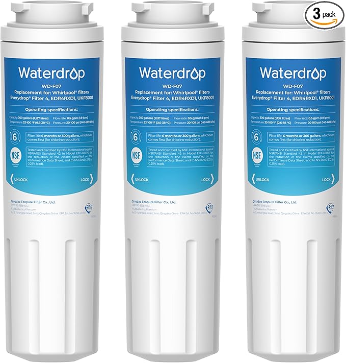 Waterdrop UKF8001 Refrigerator Water Filter 4, Replacement for Whirlpool® EDR4RXD1, EveryDrop® Filter 4, Maytag® UKF8001AXX-750, UKF8001AXX-200, 46-9006, Puriclean II, WD-F07, 3 Filters