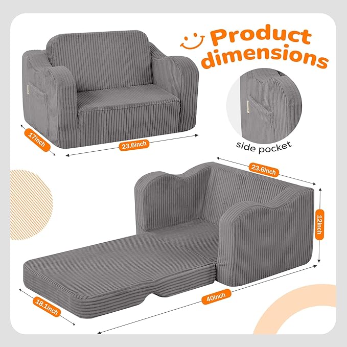 MeMoreCool Toddler Chair Comfy for 1-3 Years Old, Corduroy Kids Couch Bed Fold Out, 2-in-1 Foldable Baby Lounge Chair, Pull Out Children Sofa Bed, Light Grey