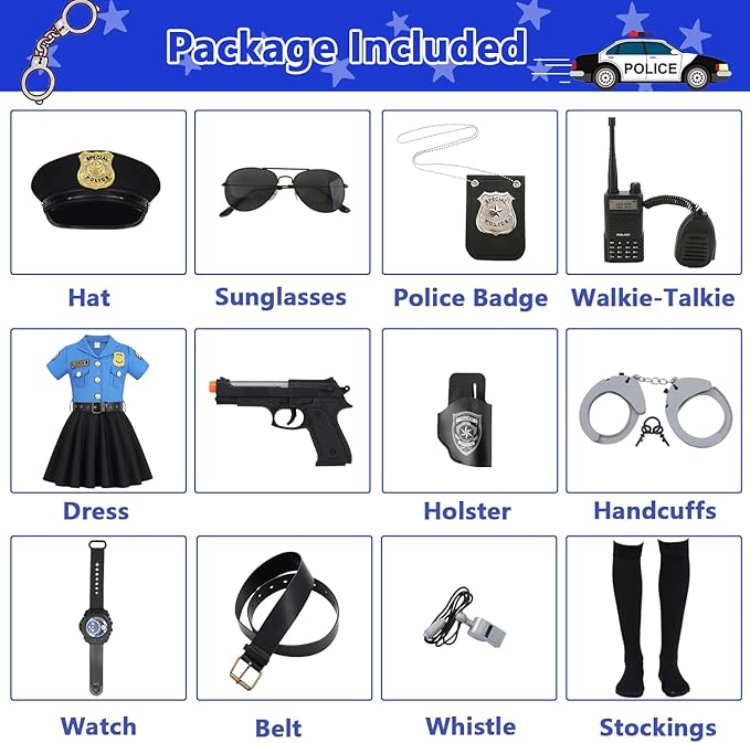 9 Pcs Halloween Police Officer Costume Kids Girls Cop Policeman Cosplay Uniform Outfits with Gear Stuff Accessories