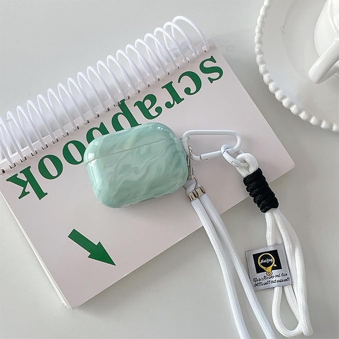 Premium Silicone Case for AirPods Pro 3 (2025) - Mint Marble Green Shockproof Cover with Detachable Neck Lanyard, Travel Keychain Design, MagSafe Compatible, Unisex for Women & Men