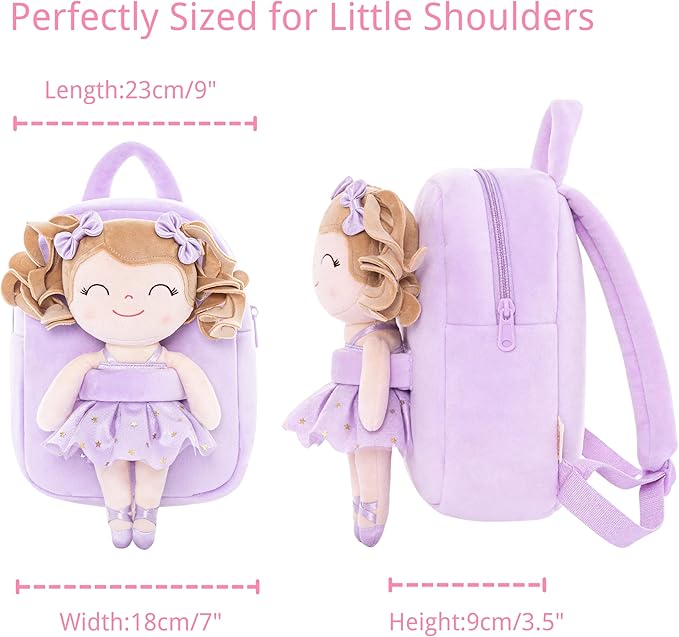 Gloveleya Toddler Backpack Baby Ballerina Girl Gifts Plush Curly Hair Ballet Backpack - White Purple 9 inches