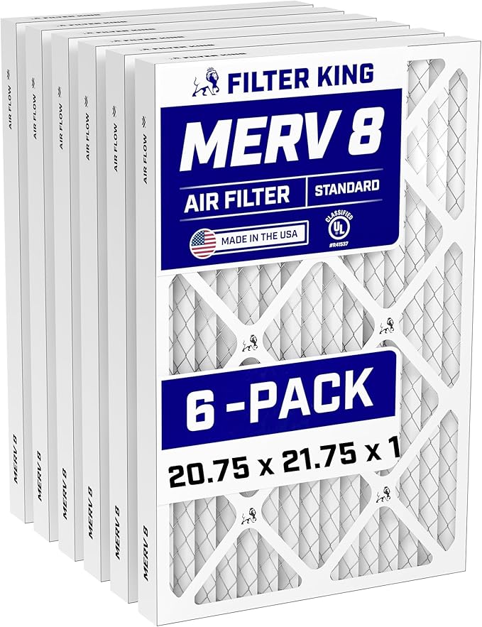 Filter King 20.75x21.75x1 Air Filter (MERV 8) (6-Pack) Dust & Allergy Control AC Furnace Filters, MADE IN USA, HVAC, Pleated, Electrostatic (Actual Size: 20.75 x 21.75 x .75)