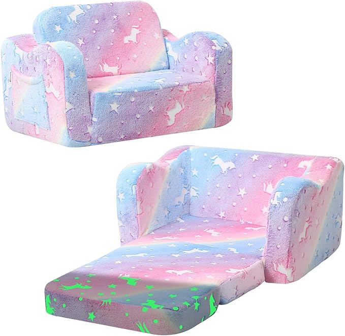MeMoreCool Glowing Rainbow Unicorn Kids Chair - Convertible 2-in-1 Fold-Out Kids Couch for Girls, Glow-in-the-Dark Plush Sofa with Washable Cover, Soft Foam Lounge Seat for Playroom and Reading | Relaxing,Gift Giving