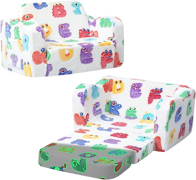 MeMoreCool Glowing Alphabet Monster Kids Chair - 2-in-1 Foldable Kids Couch with Light-Up Letters, Convertible Fold-Out Lounge Seat, Soft Foam Sofa with Washable Cover for Boys and Girls Ages 1-3 | Playroom Seating