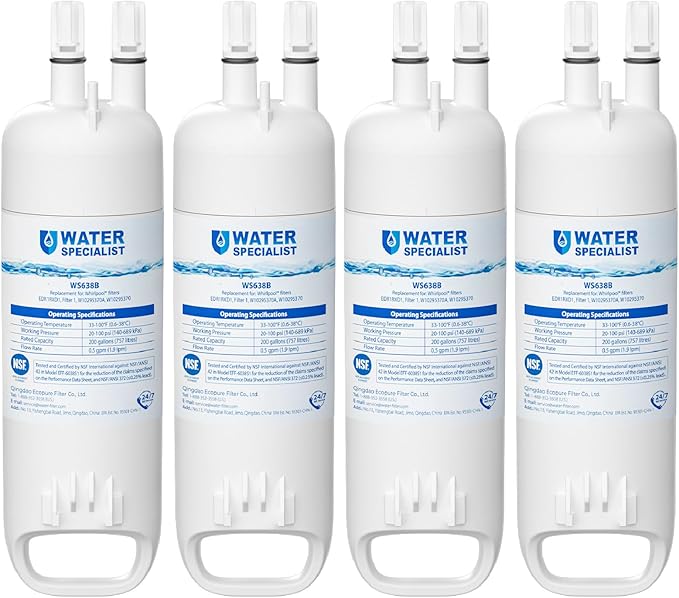 Waterspecialist EDR1RXD1 Water Filter Replacement for W10295370A, Everydrop® Filter 1, EDR1RXD1B, P8RFWB2L, P4RFWB, Kenmore® 46-9081, 46-9930, WS638 Refrigerator Water Filter, 4 Filters