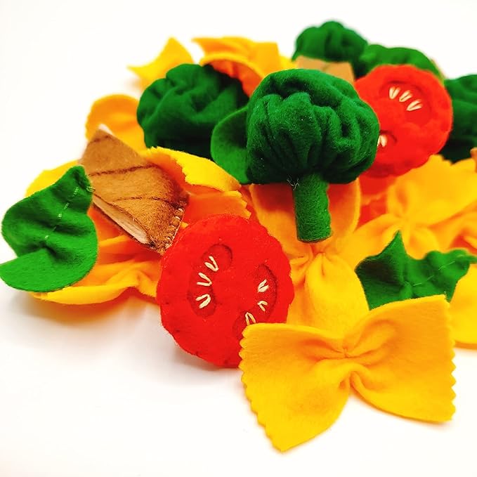 Pasta with broccoli, farfalle, bow tie pasta, felt play food for kids kitchen, pretend play for kids (yellow, set 1 (farfalle, broccoli, chicken, tomatoes, basil))
