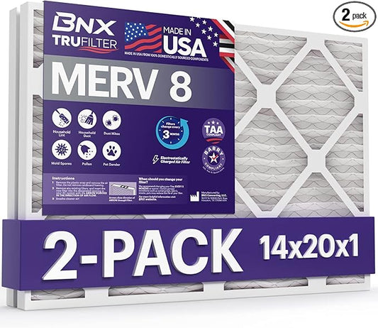 BNX 14x20x1 MERV 8 Air Filter 2 Pack - MADE IN USA - Electrostatic Pleated Air Conditioner HVAC AC Furnace Filters - Removes Dust, Mold, Pollen, Lint