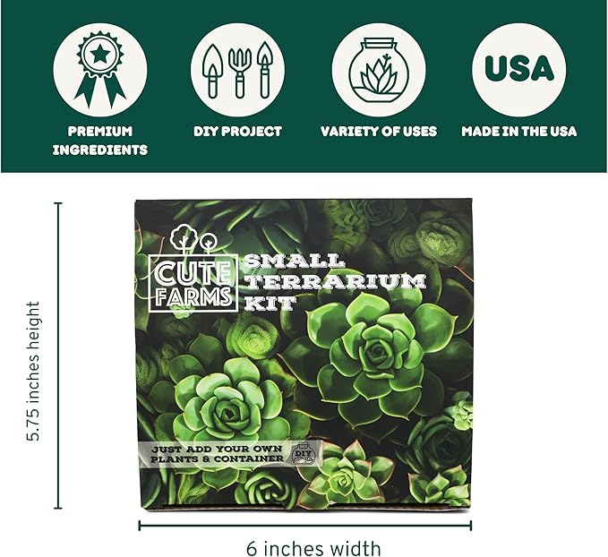 Cute Farms Terrarium Starter Kit | Moss, Vermiculite, Soil, Pebbles, Plant Food, Finishing Tools, Build and Care Guide | DIY Succulent Terrarium (Small)