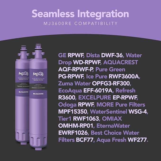 MOAJ Water Filter Replacement for GE RPWF, Water Sentinel WSG-4 | NSF42 Certified Refrigerator Filter 2-Pack | Removes Chlorine, Color, Odor, & More | 99.06% Chlorine Reduction | MJ3600RE