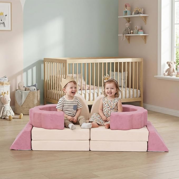 Flower Kids Play Couch 10PCS Toddler Couch High Density Foam Sectional Sofa Playroom Kids Furniture for Girls and Boys Bedroom (Pink)