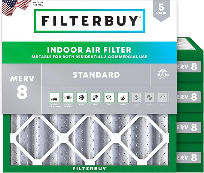 Filterbuy 25x25x4 Air Filter MERV 8 Essential Dust & Allergy Defense (5-Pack), Electrostatic Pleated HVAC AC Furnace Filters Replacement (Actual Size: 24.50 x 24.50 x 3.63)