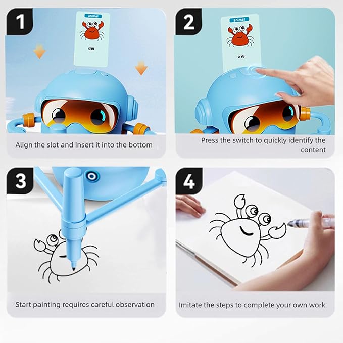 CUIFATI Smart Drawing Robot for Kids, Interactive Educational Drawing Robot with 100 Cards & 14 Colorful Pens, Robot Drawing Machine for Gift (Blue)