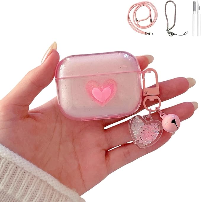 Pink Transparent Glitter with 3D Raised Heart Silicone Case for AirPods Pro 3 (2025) - Cute Shockproof Cover with Detachable Long Neck Lanyard, Travel Keychain, MagSafe Compatible,for Women