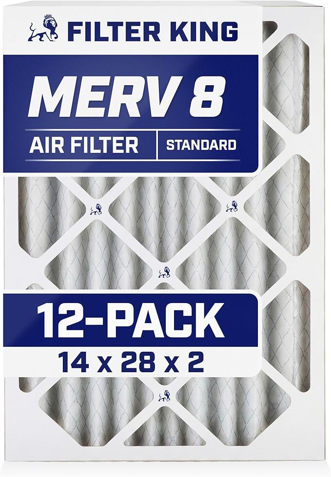 Filter King 14x28x2 Air Filter (MERV 8) (12-Pack) Dust & Allergy Control AC Furnace Filters, MADE IN USA, HVAC, Pleated, Electrostatic (Actual Size: 13.5 x 27.5 x 1.75)