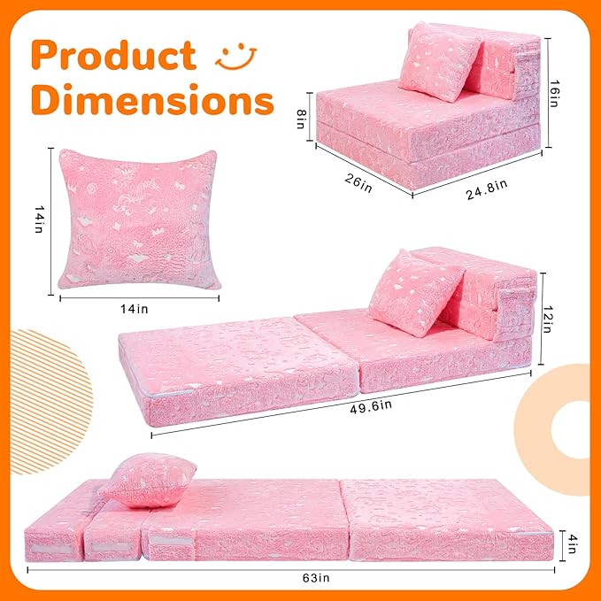 MeMoreCool Glow Pink Unicorn Tri-fold Sofa Bed for Kids, Foldable Futon Chair and Floor Couch, Convertible Trifold Mattress for Playroom