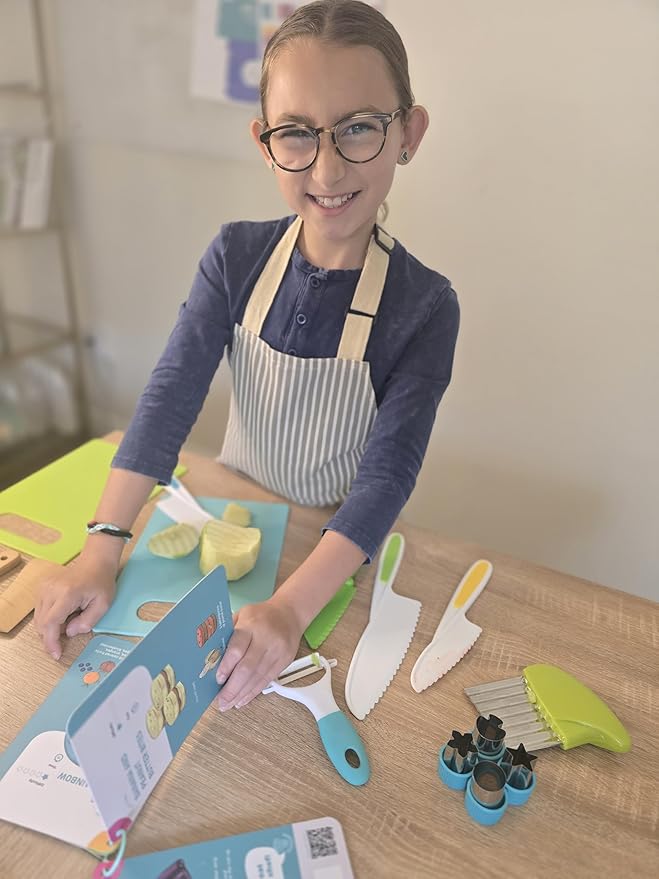 Toddler Safe Knife Set with Recipe Book - Includes Peeler, Cutting Board, and Chopper - Real Kitchen Tools for Kids Ages 4-12