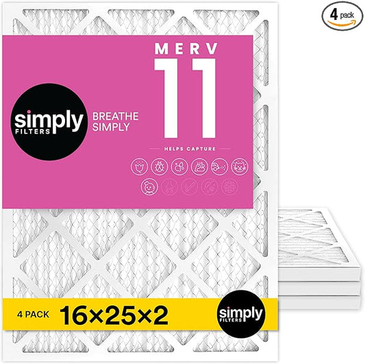 Simply 16x25x2 Air Filter, MERV 11, 4 Pack, Furnace Air Filter for HVAC (Actual Size: 15.5"x24.5"x1.75") DUST, Pet & Allergy Control