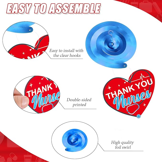 Thank You Nurse Banner and Hanging Swirl Set, Hanging Swirl Banner for Nurses Week Nurse Day Decoration Doctor Medical Themed Party Nurse Appreciation RN Graduation Party Decorations(Red)