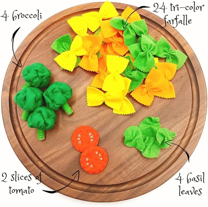 Pasta with broccoli, farfalle, bow tie pasta, felt play food for kids kitchen, pretend play for kids (tri-colors, set 2 (farfalle, broccoli, tomatoes, basil))