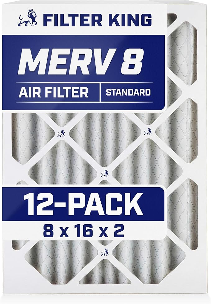 Filter King 8x16x2 Air Filter (MERV 8) (12-Pack) Dust & Allergy Control AC Furnace Filters, MADE IN USA, HVAC, Pleated, Electrostatic (Actual Size: 7.5 x 15.5 x 1.75)