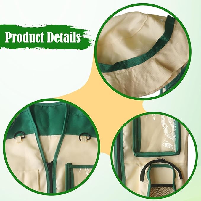 Kids Explorer Vest and Hat Outdoor Adventure Kit Role Play Costume for Fishing Paleontologist Hiking Birthday Gift, Green