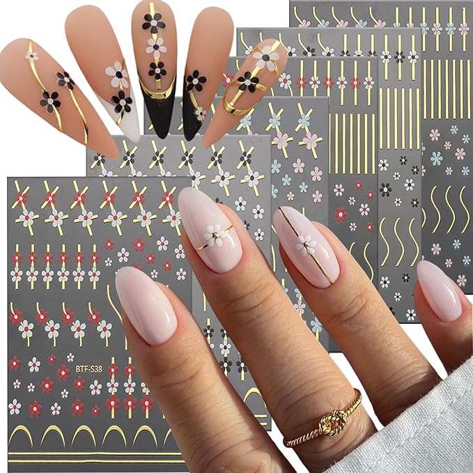 TBRZTR Colorful Flower Nail Art Adhesive Sticker 3D Self-Adhesive Nail Decals Art Design Holographic Golden Lines Nail Art Sticker Decoration Manicure Tips Acrylic Nails DIY Nails Art Supplies