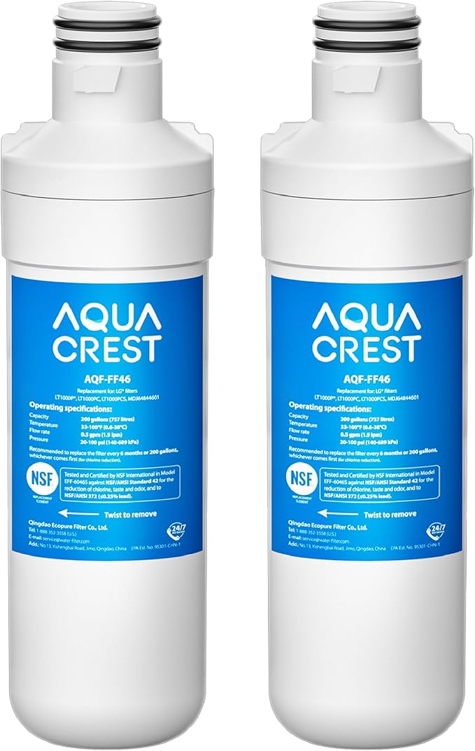 AQUA CREST LT1000PC ADQ747935 MDJ64844601 NSF Certified Refrigerator Water Filter, Replacement for LG® LT1000P®, LT1000PCS, ADQ74793501, ADQ74793502, Kenmore 469980, 9980, Pack of 2
