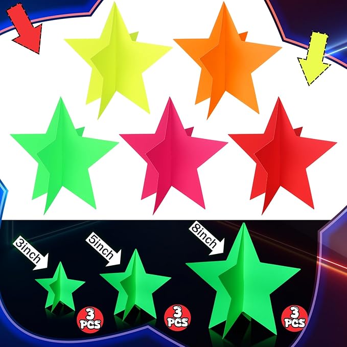 45 Pcs Neon Party Decorations Glow in The Dark Star Centerpieces 3D Fluorescence Table Decor 3 Sizes 8" 5" 3" Lighted Theme Birthday Party Supplies
