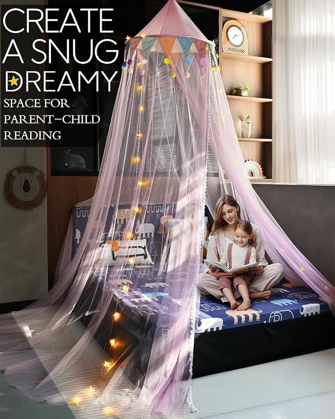 Princess Bed Canopy with Star Lights for Girls, Play Tent Canopy Bed Curtain Indoor Room Decor Stuff Gift for Kid Boys Bunk Twin Full Size Bed Reading Nook Hanging Dome Mosquito Net Pink